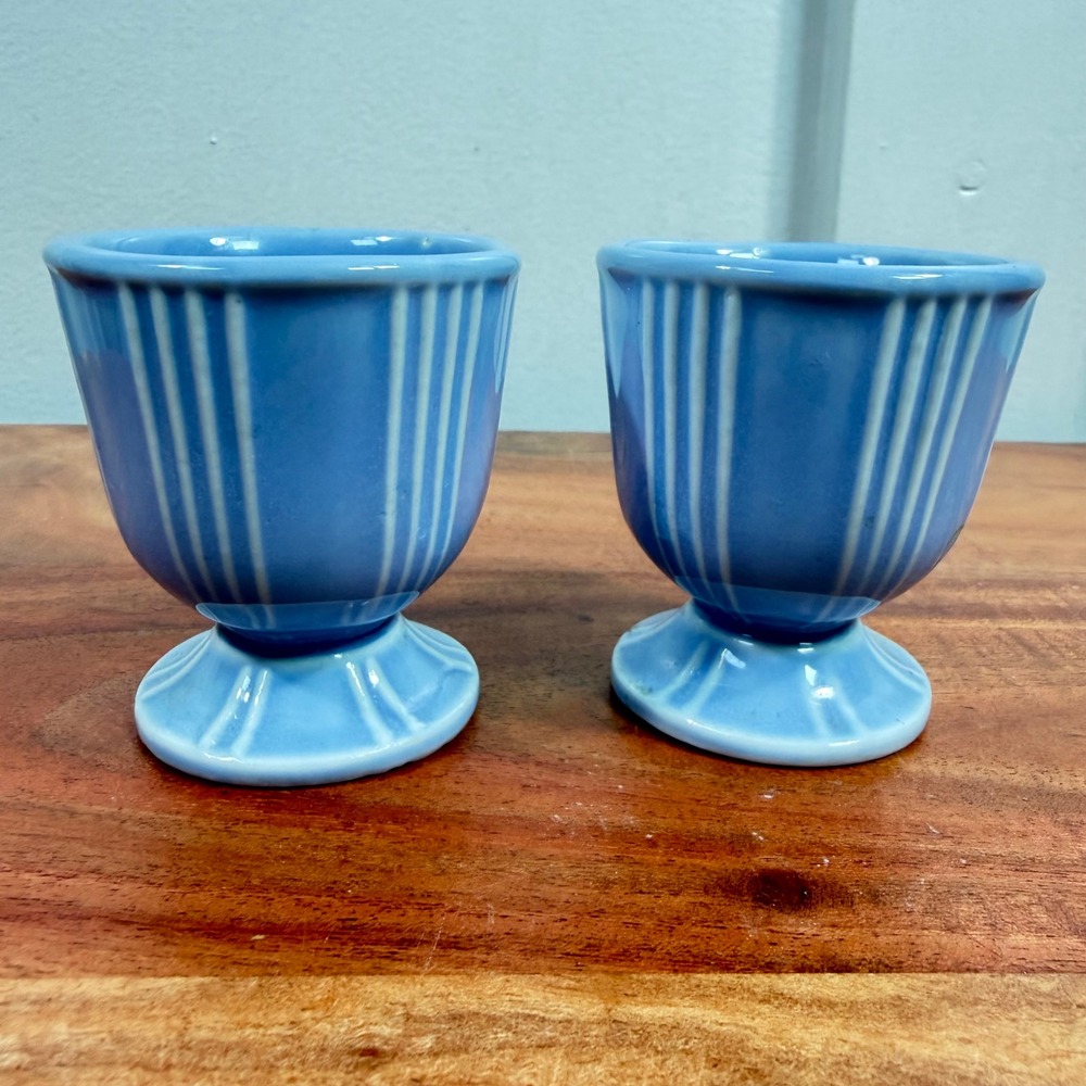 Hankscraft Egg Cups Set of 2 Vintage 800 Ribbed Pedestal Periwinkle Blue Ceramic